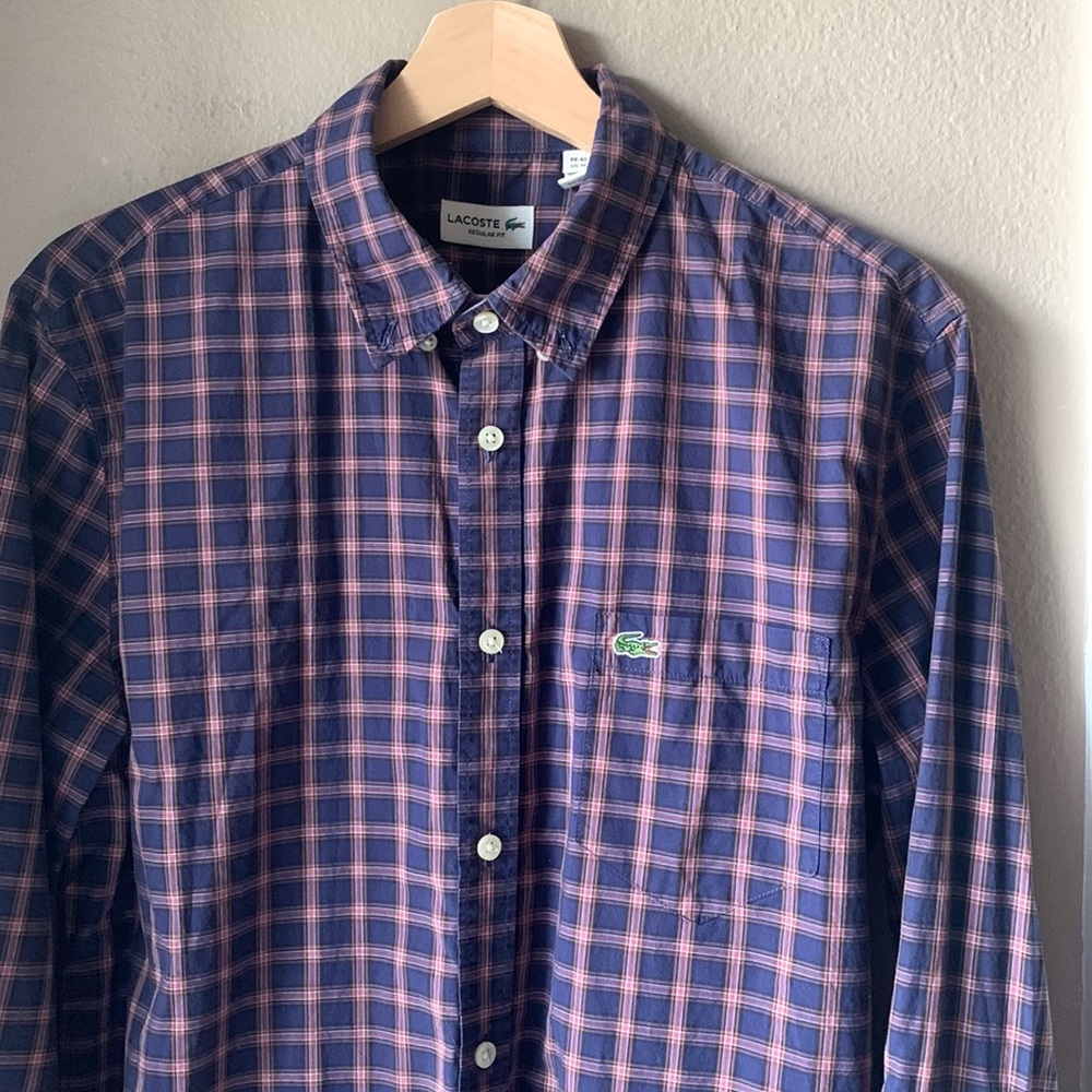 Lacoste Blue Plaid Long Sleeve Button Down Shirt